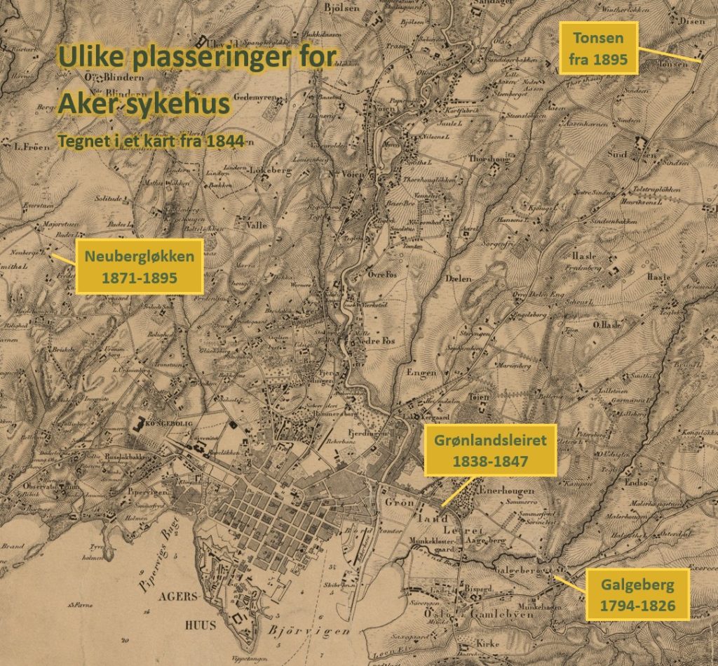 aker sykehus ulike plasseringer tegnet in i kart fra 1844